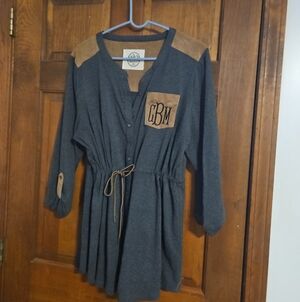 Initials CBM, Gray Tunic with Tan Suede Accents